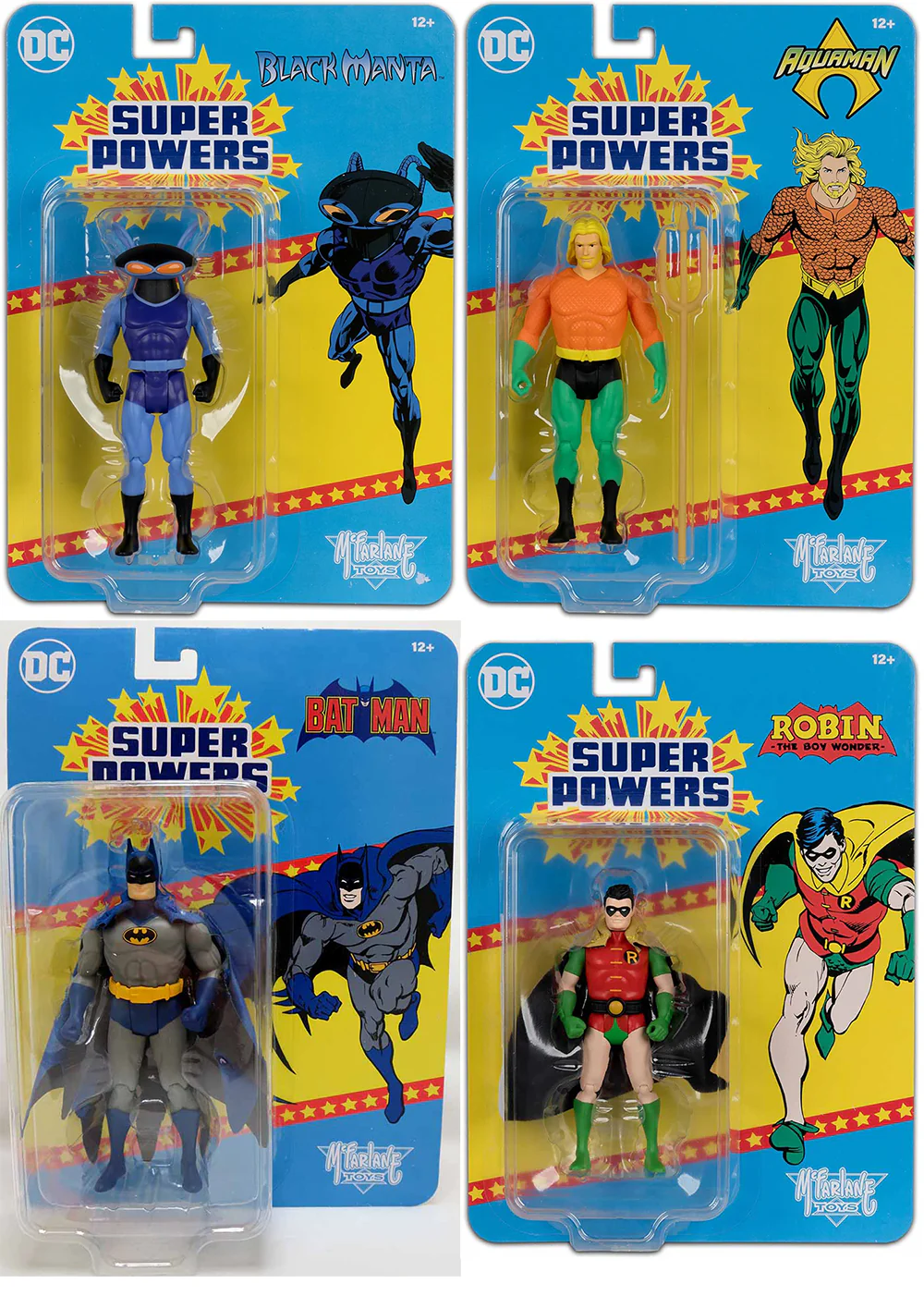 DC Super Powers 4 Inch Action Figure Wave 10 Crowdfunded Exclusive - Set of 4 (Darker Batman - Matte Aquaman - Purple Black Manta - Round Buckle Robin)